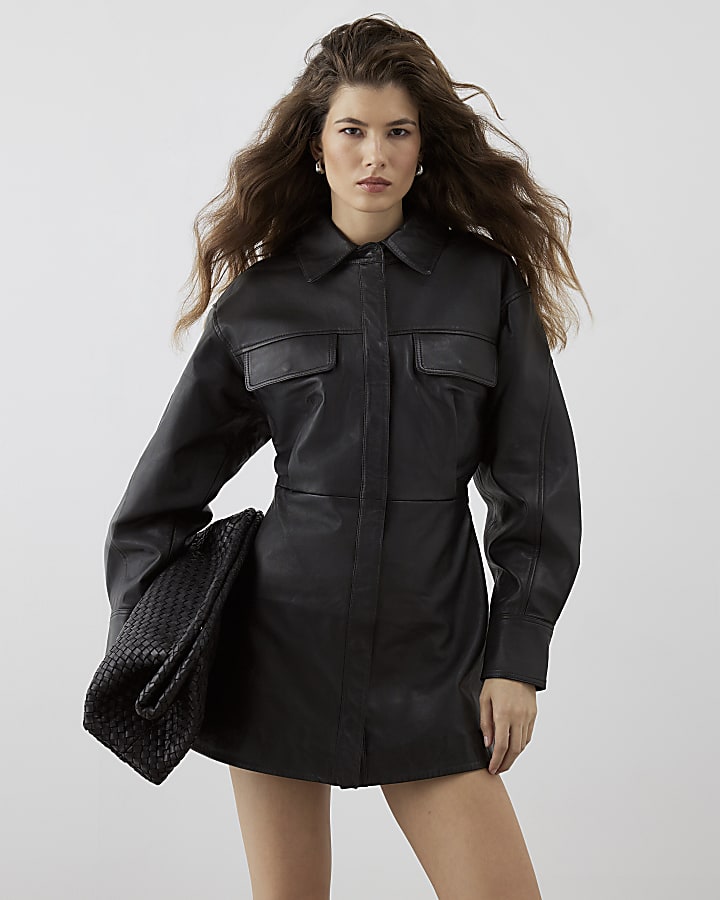 RI Studio Black Leather Shirt Mini Dress