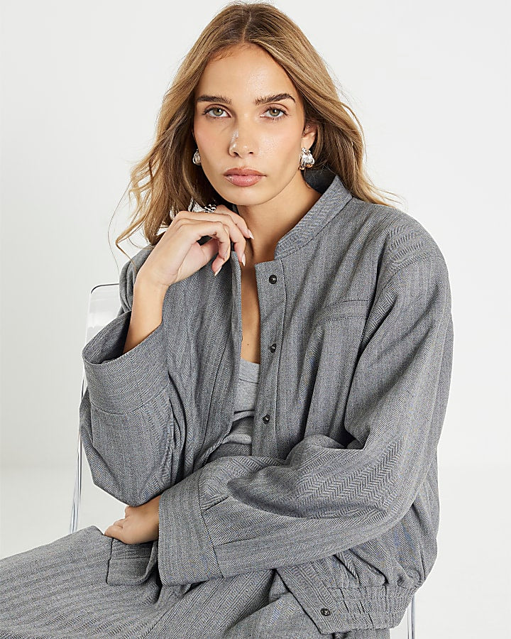 Grey Long Sleeve Herringbone Bomber Jacket