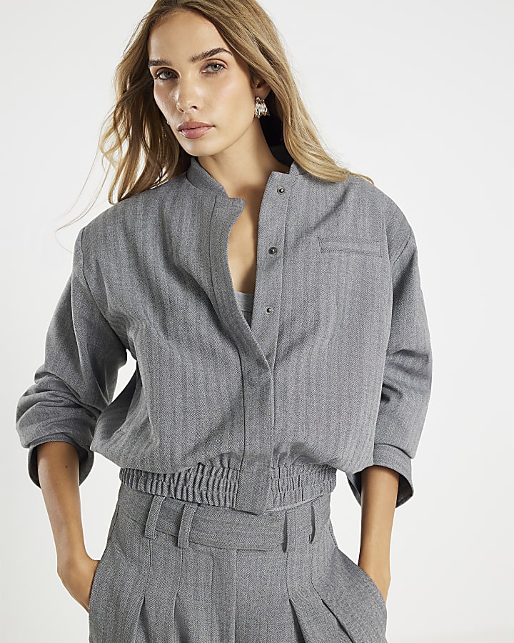 Grey Long Sleeve Herringbone Bomber Jacket
