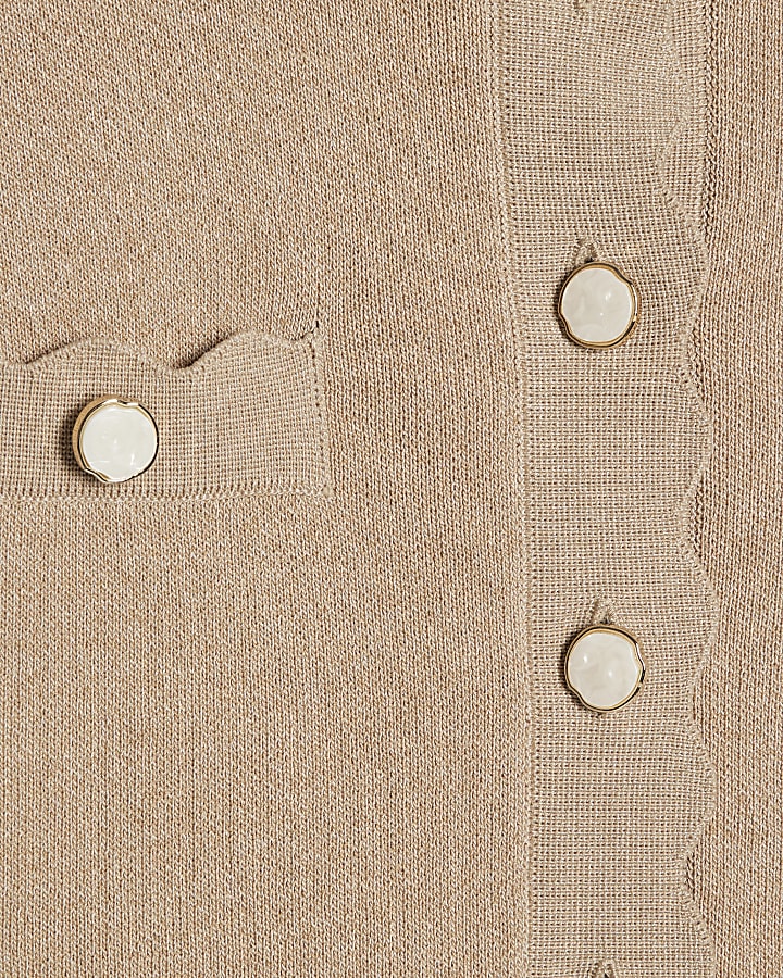Brown Knit Fitted Scallop Trim Cardigan