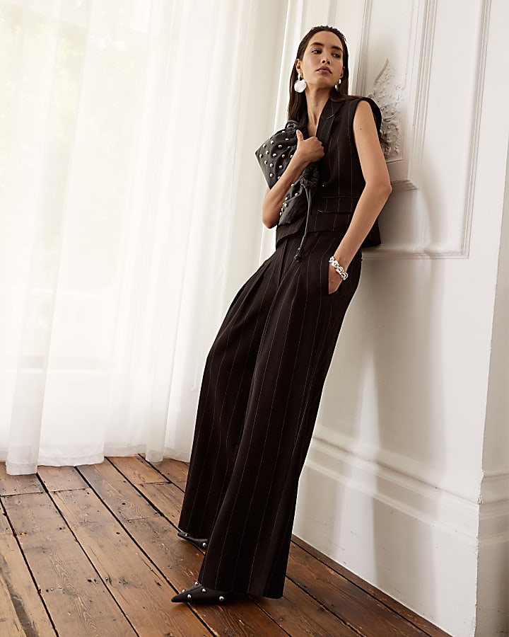 Black Pinstripe Wide Leg Trousers