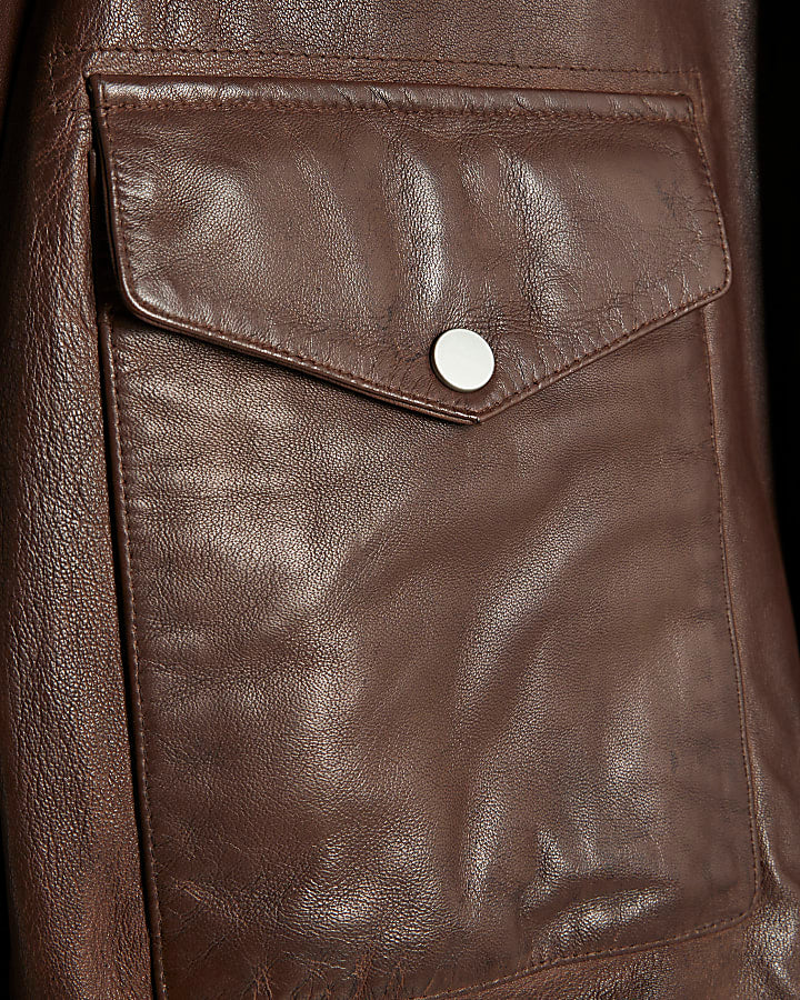 Brown Distressed Leather Bomber Jacket