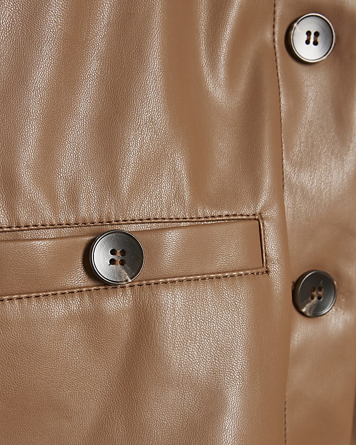 Brown Faux Leather Short Sleeve Pocket Shirt