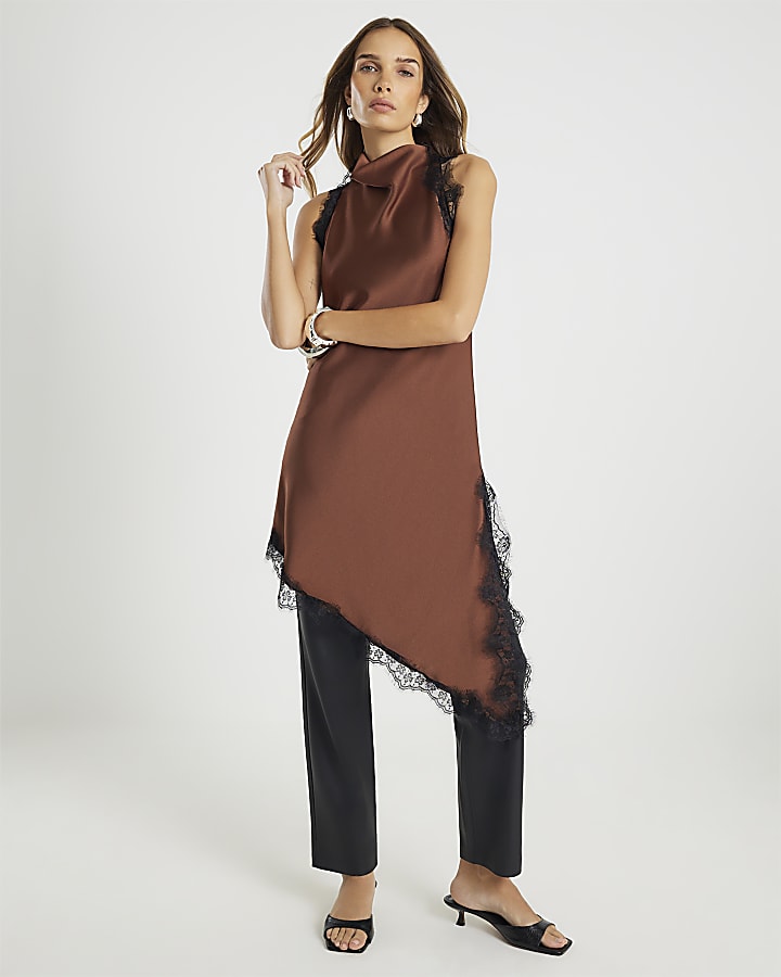 Brown Sleeveless Longline Lace Trim Dress