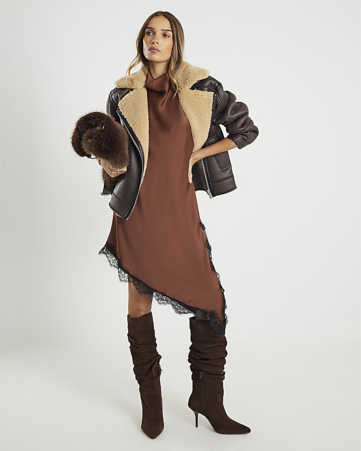 Brown Sleeveless Longline Lace Trim Dress