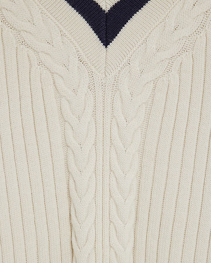 Cream Knitted Stripe detail zip Up Jumper