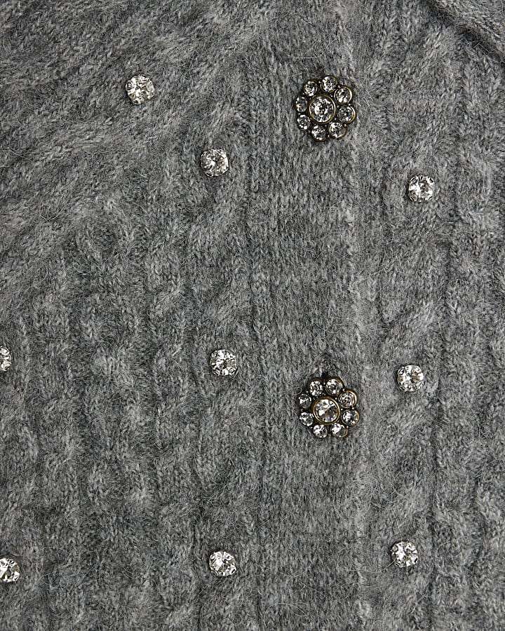Grey Knit Collared Diamante Cardigan