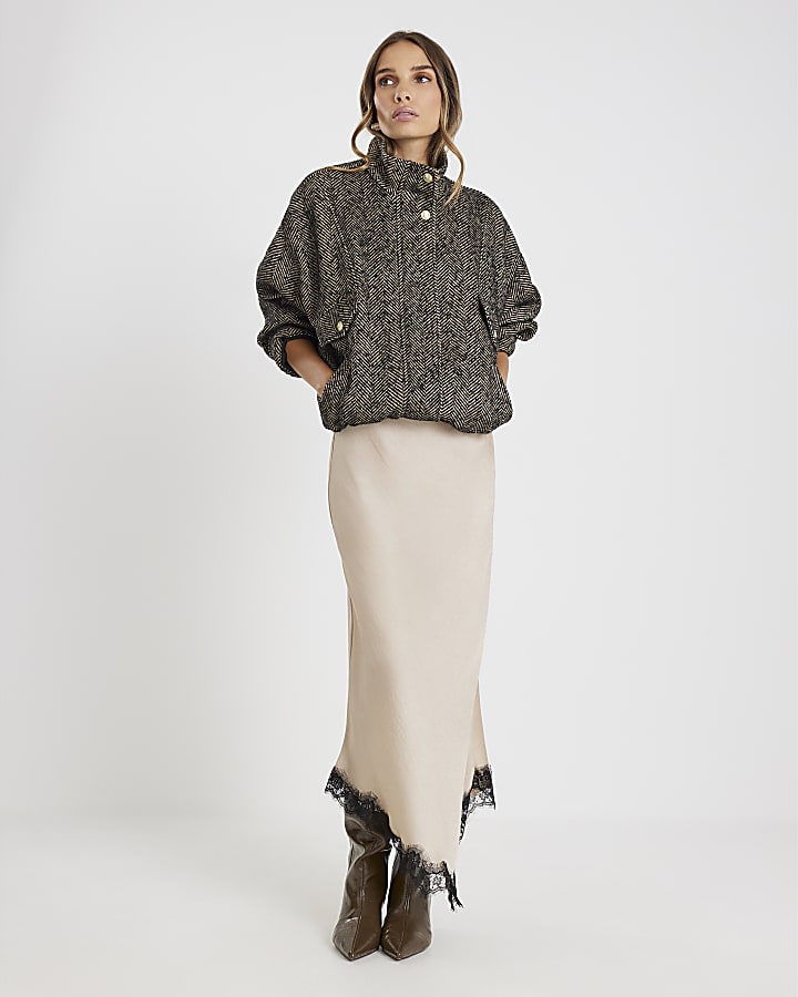 Beige Lace Trim Satin Midi Skirt | River Island