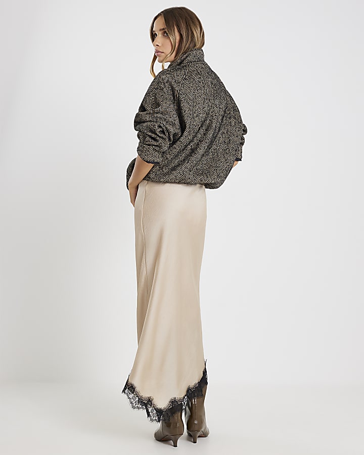 Beige Lace Trim Satin Midi Skirt | River Island