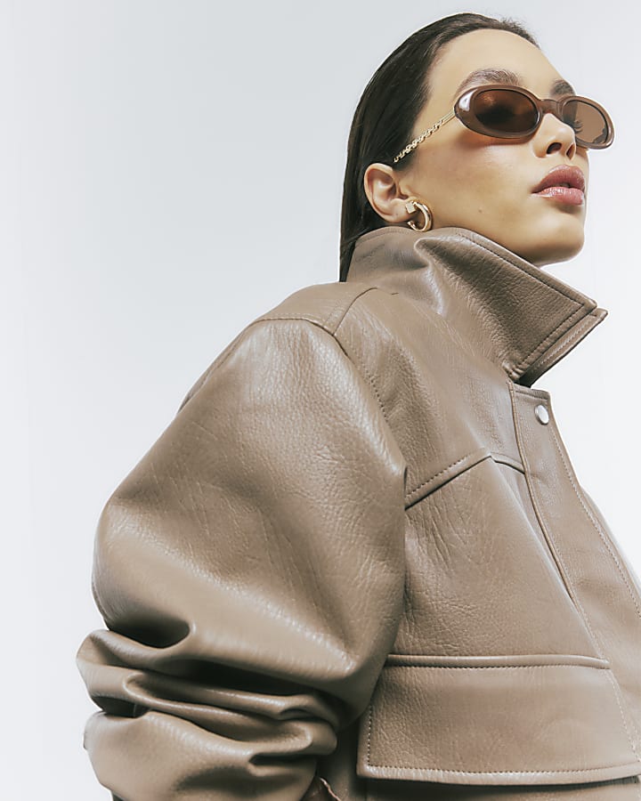 Beige Textured Faux Leather Bomber Jacket | River Island