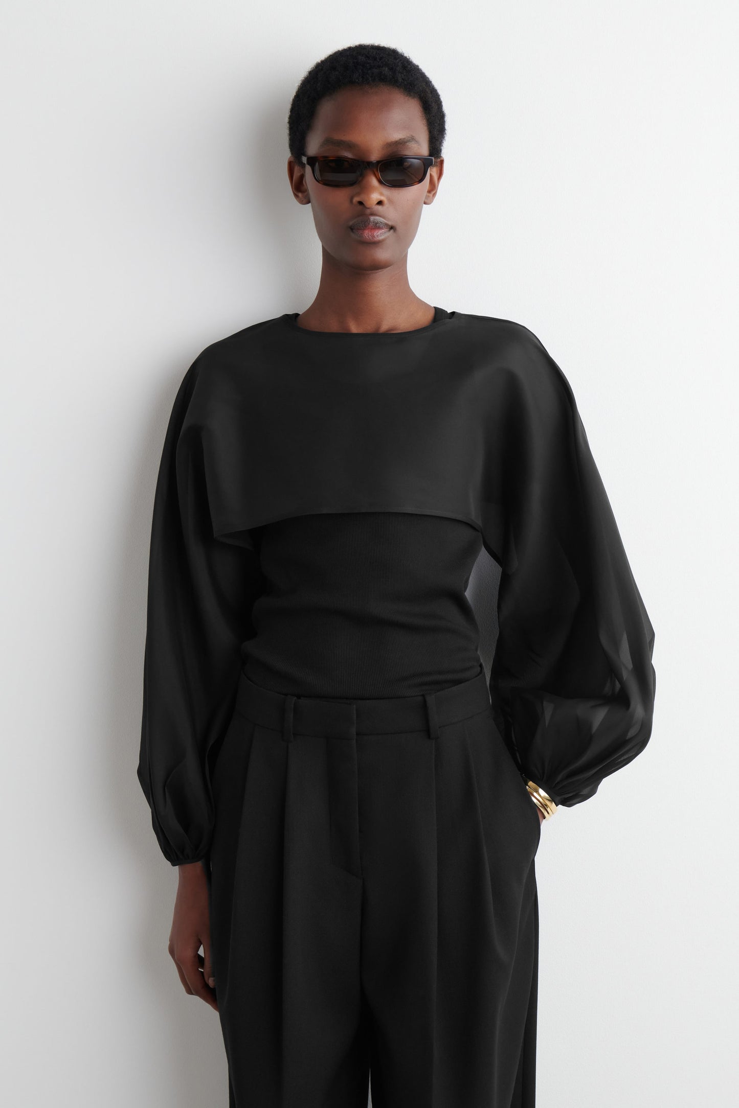 Balloon-sleeve sheer silk hybrid