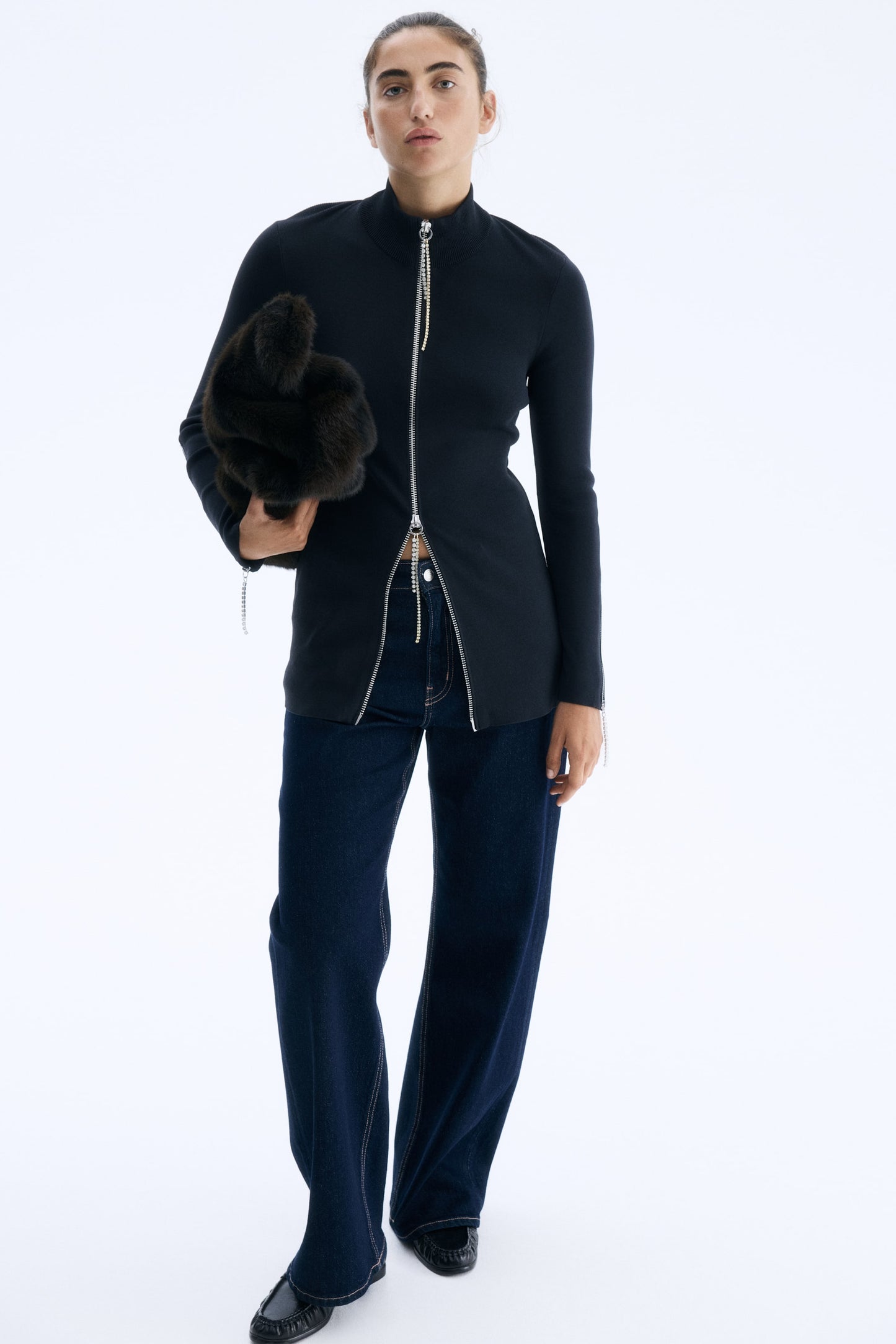 Rhinestone-detail zip-through top