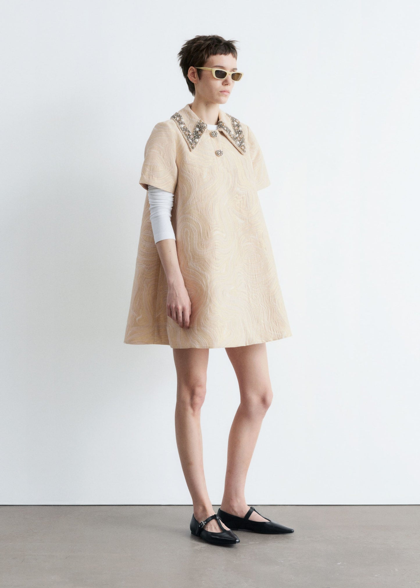 Short-Sleeve Jacquard Mini Dress