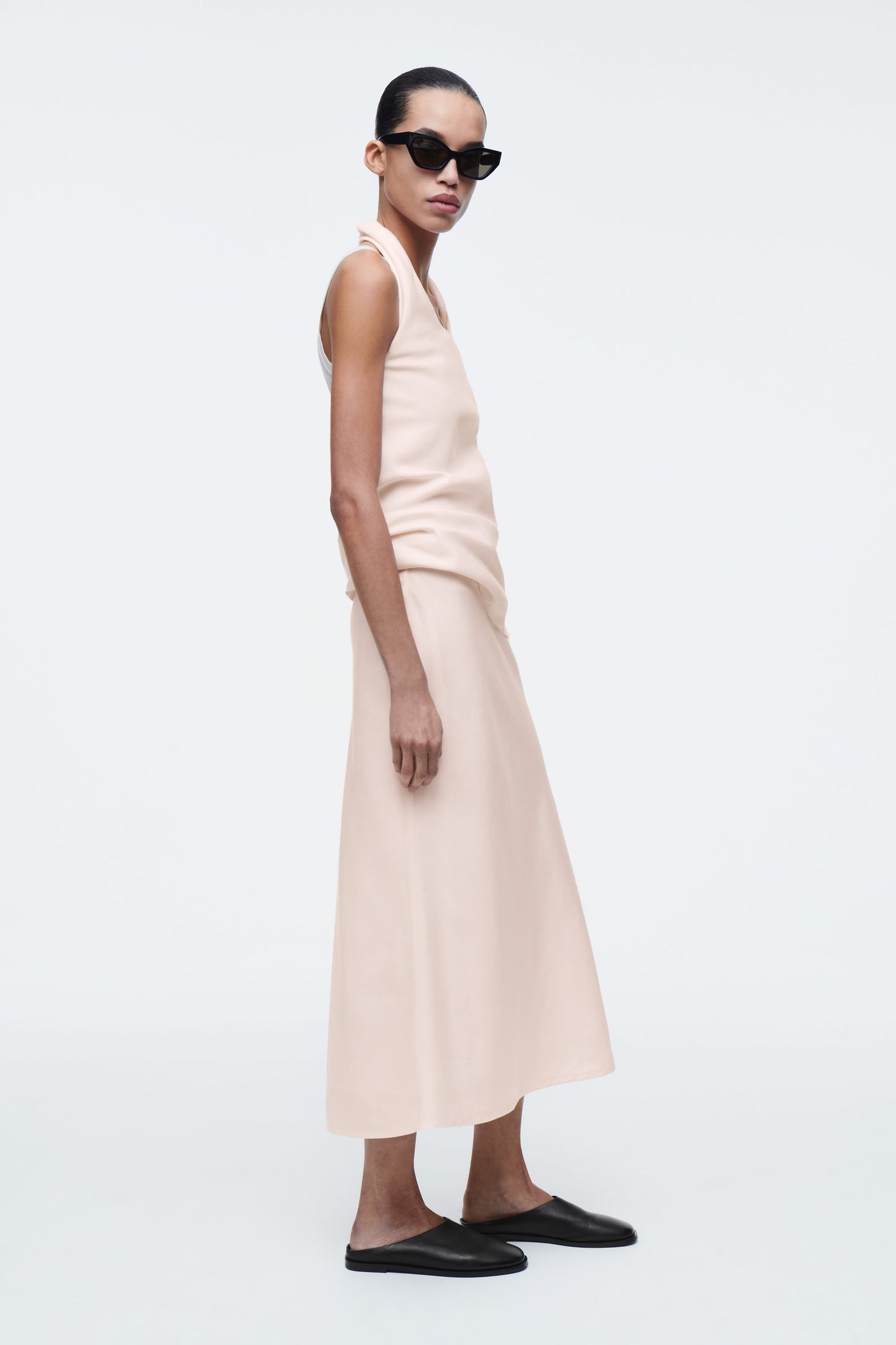 Linen-blend midi column skirt