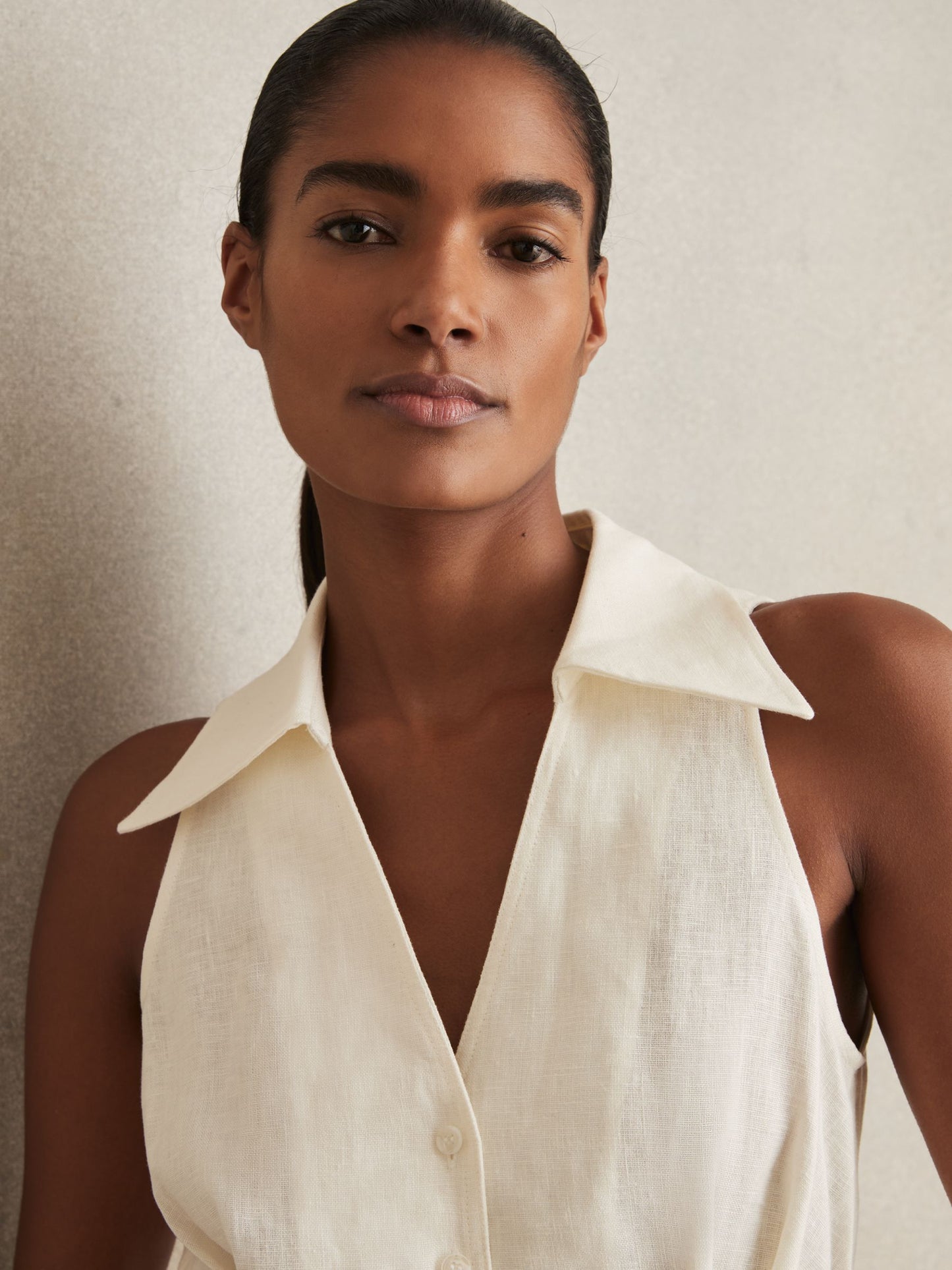 100% Linen Collar Playsuit in Cream