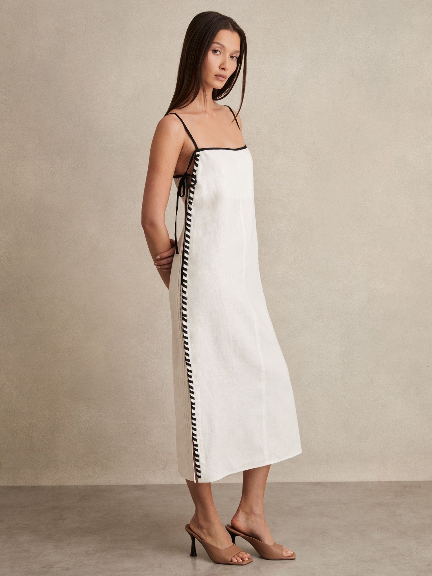 Reiss Linen Whipstitch Tie-Strap Midi Dress in Ivory