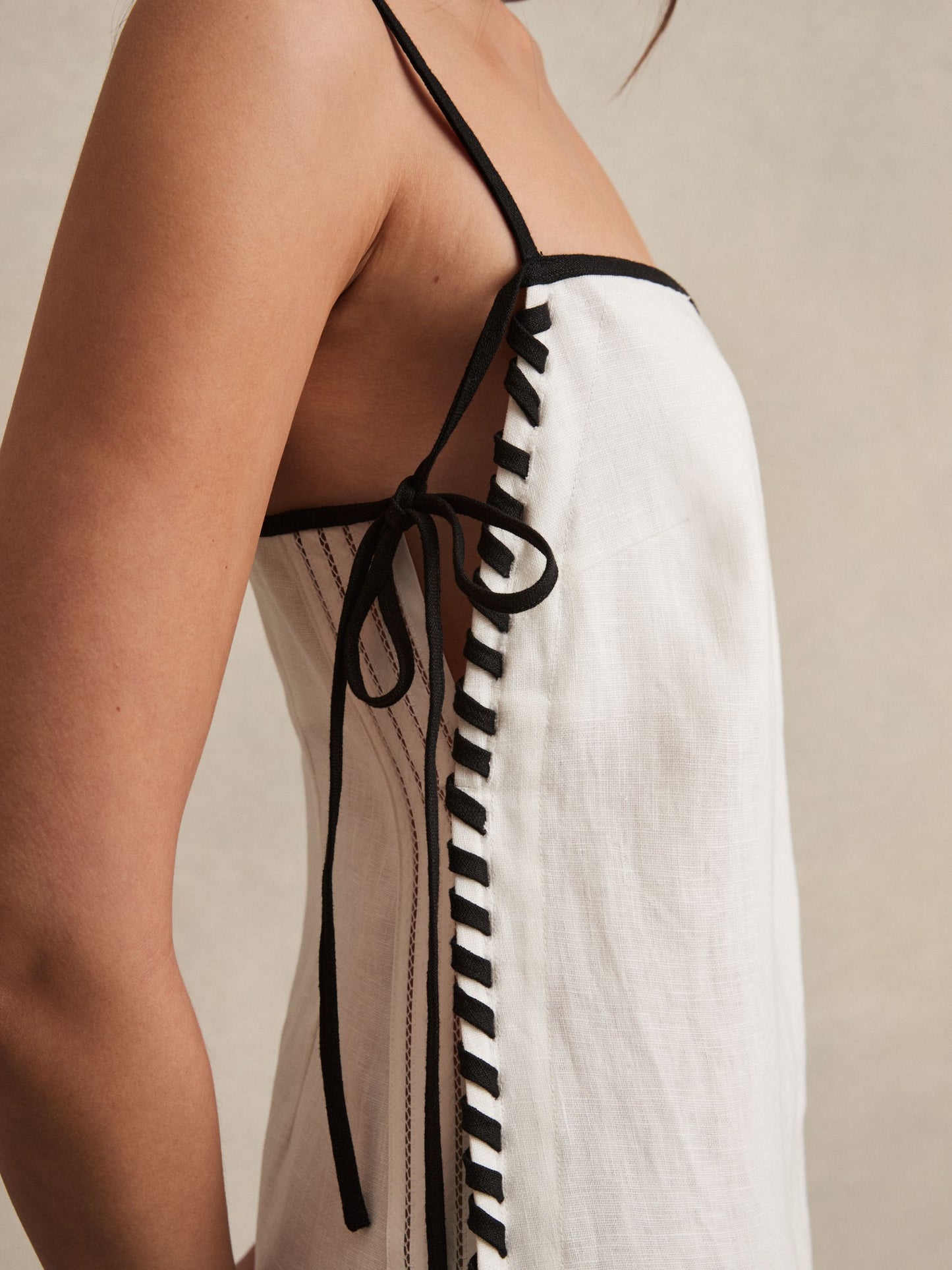 Reiss Linen Whipstitch Tie-Strap Midi Dress in Ivory