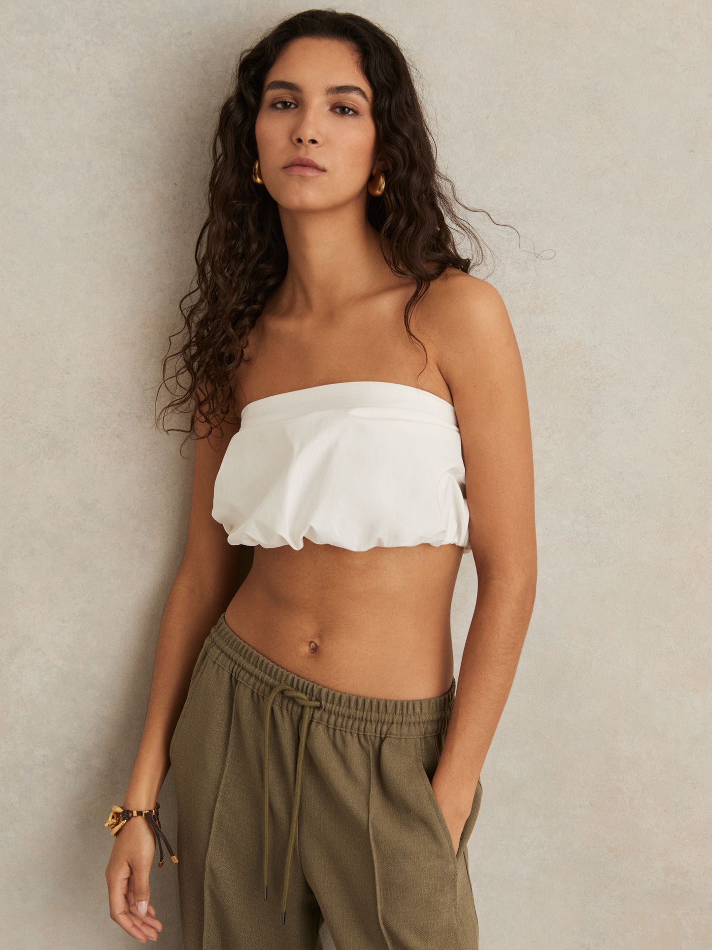 Cotton-Blend Bandeau Puffball Top in Ivory