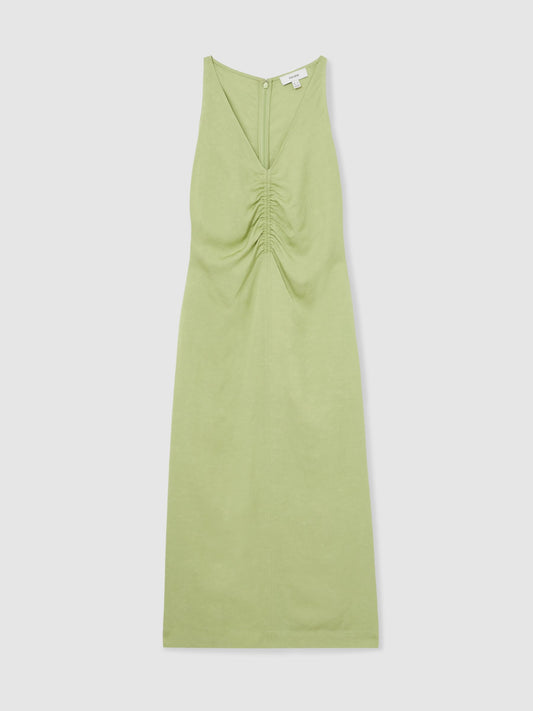 Ruched Sleeveless Midi Dress With Linen in Green