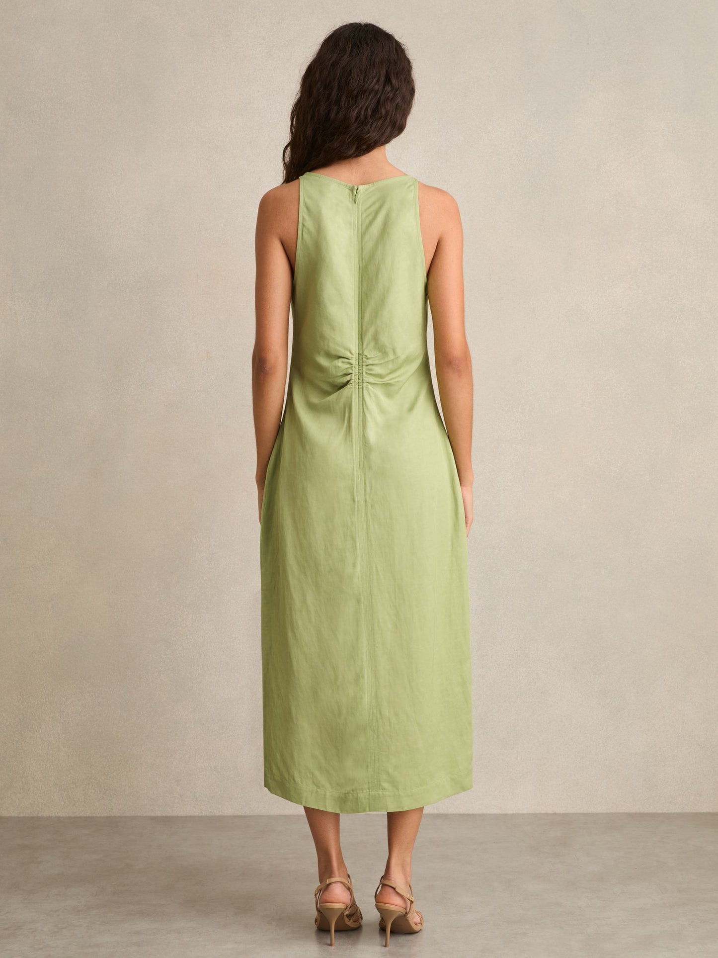 Ruched Sleeveless Midi Dress With Linen in Green