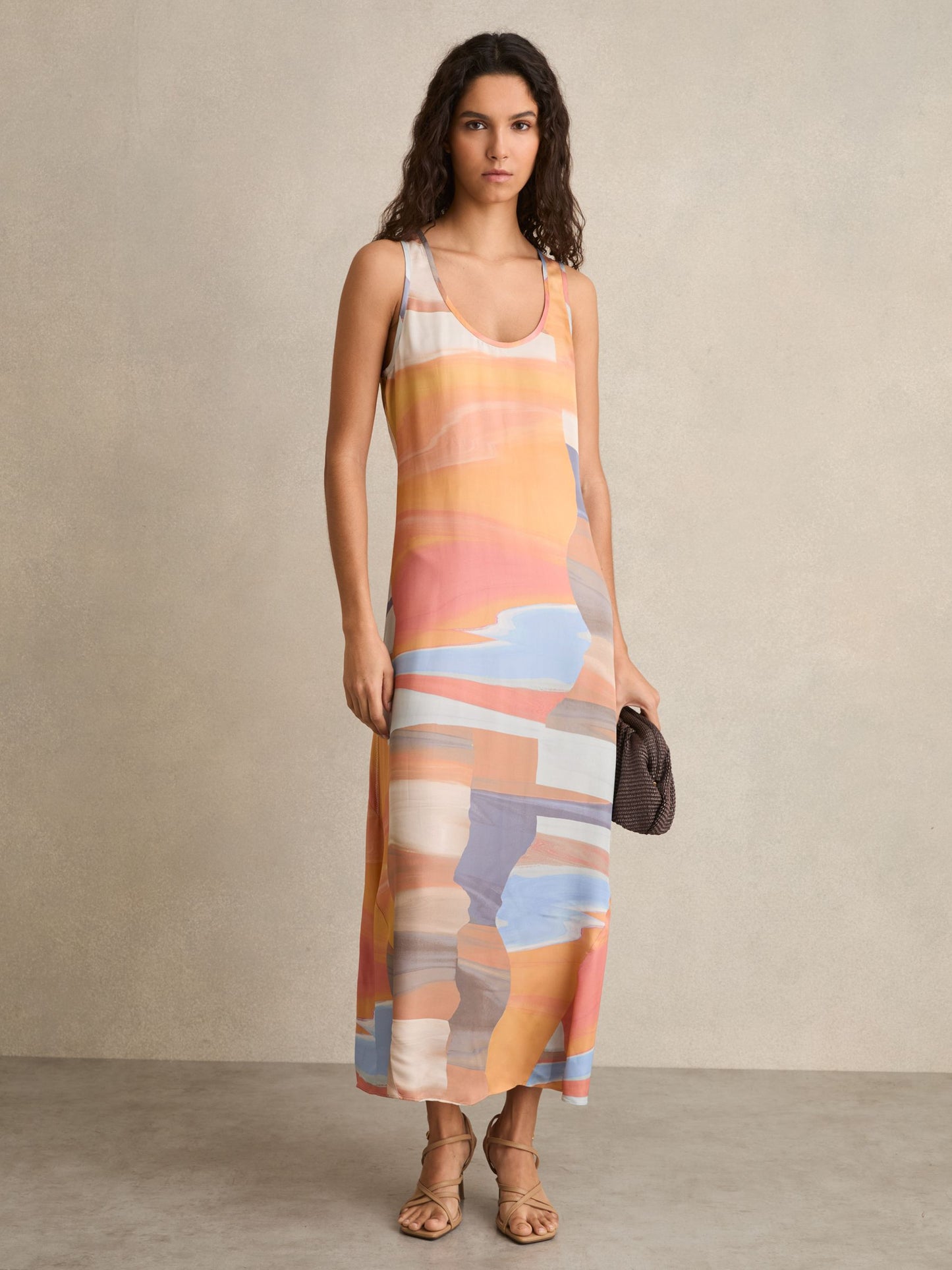 Reiss Sunset Print Sleeveless Slip Dress in Coral