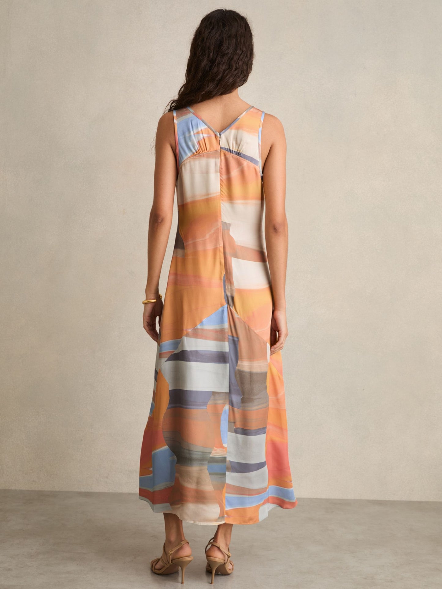 Reiss Sunset Print Sleeveless Slip Dress in Coral