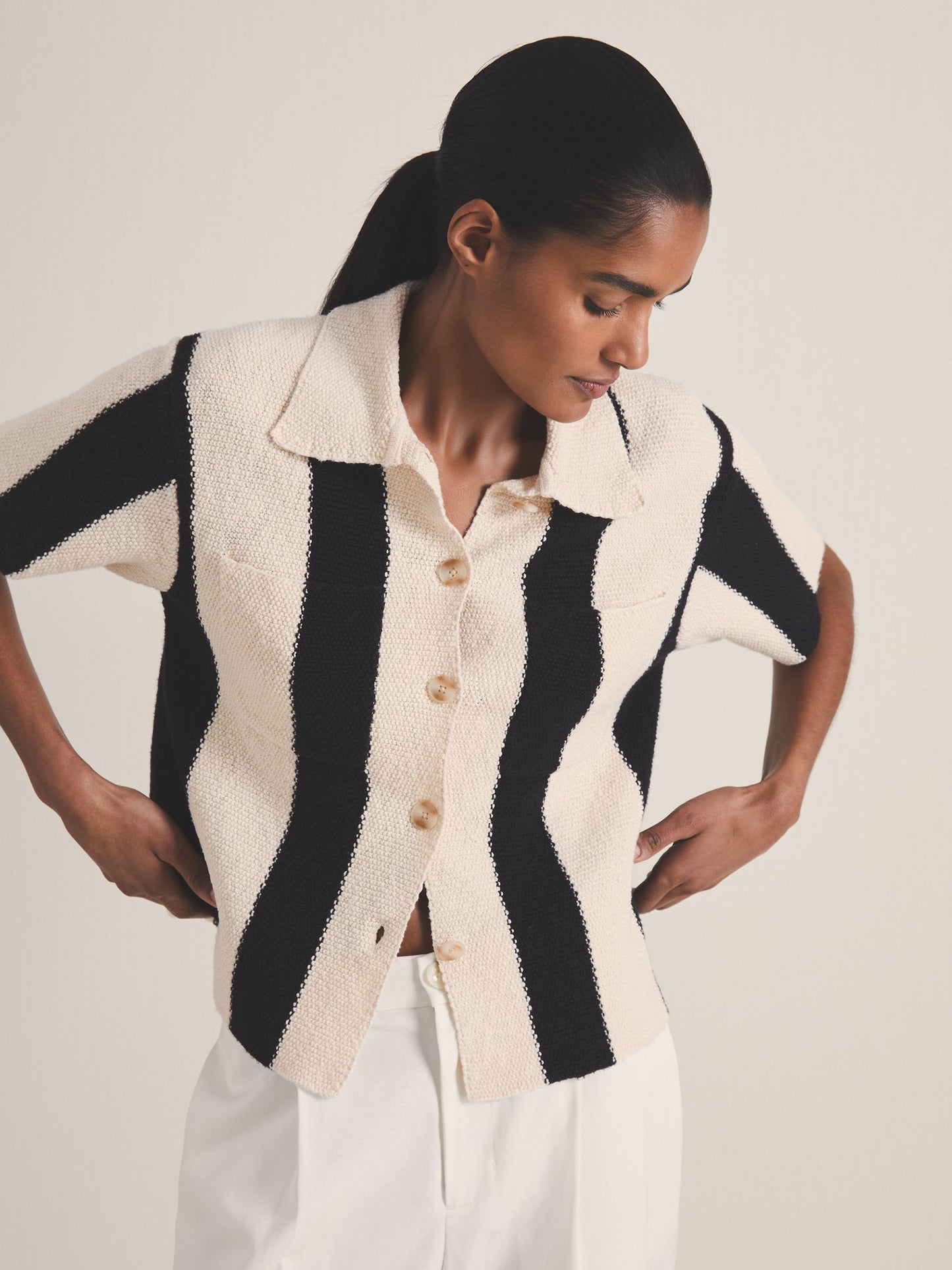 Les 100 Ciels Stripe Knit Shirt in Black/Ivory