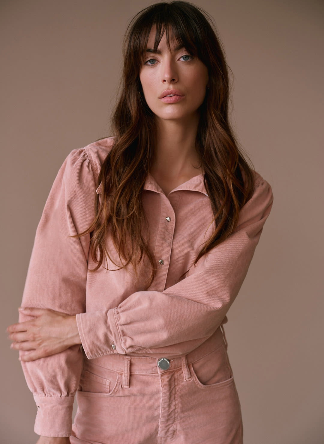 Pink Corduroy Puff Sleeve Shirt