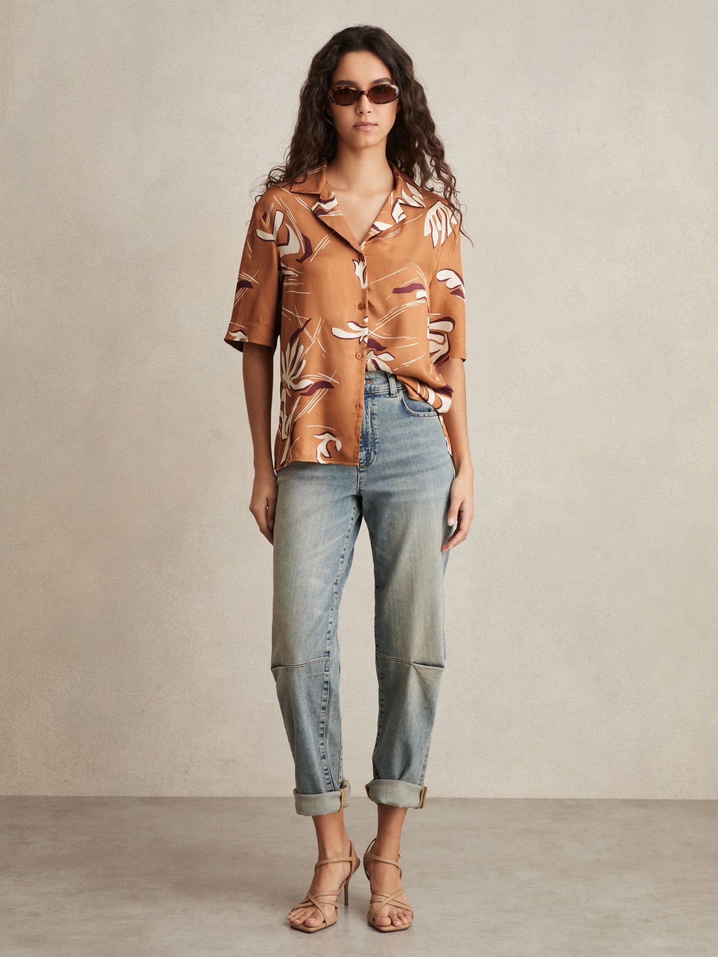 Reiss Printed Cuban-Collar Shirt in Rust