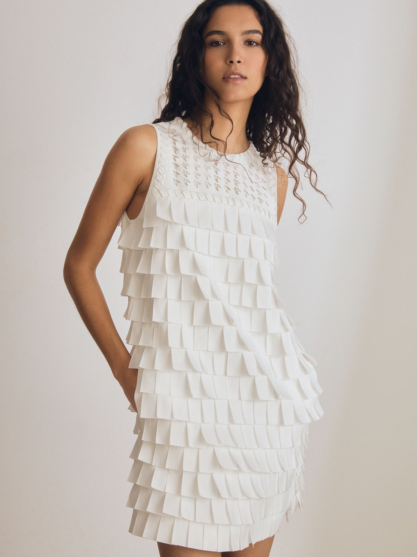 Reiss Atelier Layered Fringe Mini Dress in White