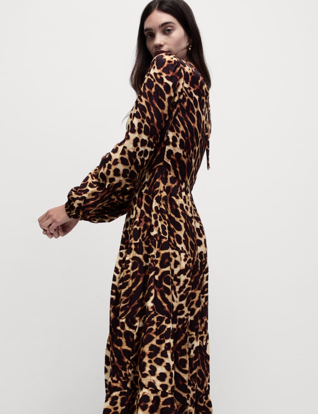 Animal Print Midi Waisted Tiered Dress