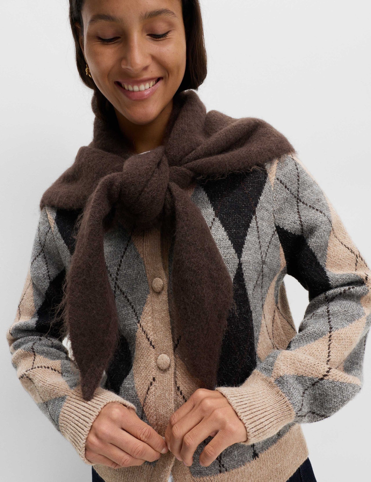 Argyle Crew Neck Cardigan With Wool
