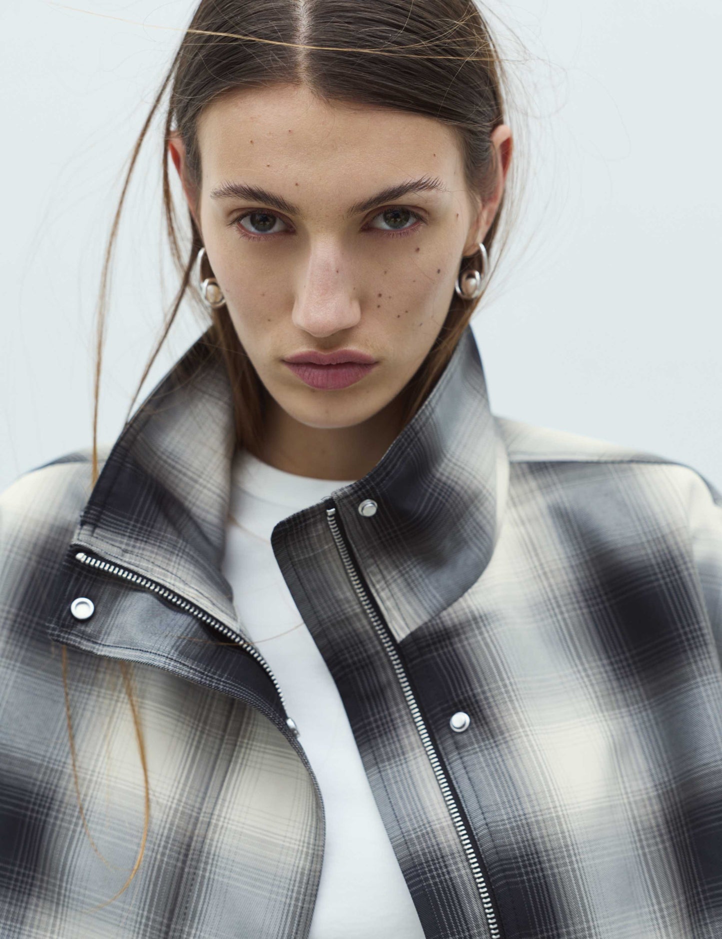 Checked Bubble Hem Funnel Neck Jacket