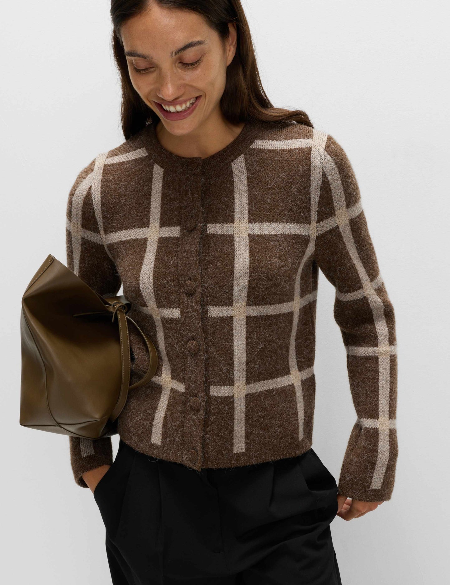 Checked Crew Neck Cardigan With Wool