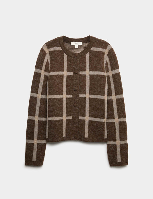 Checked Crew Neck Cardigan With Wool