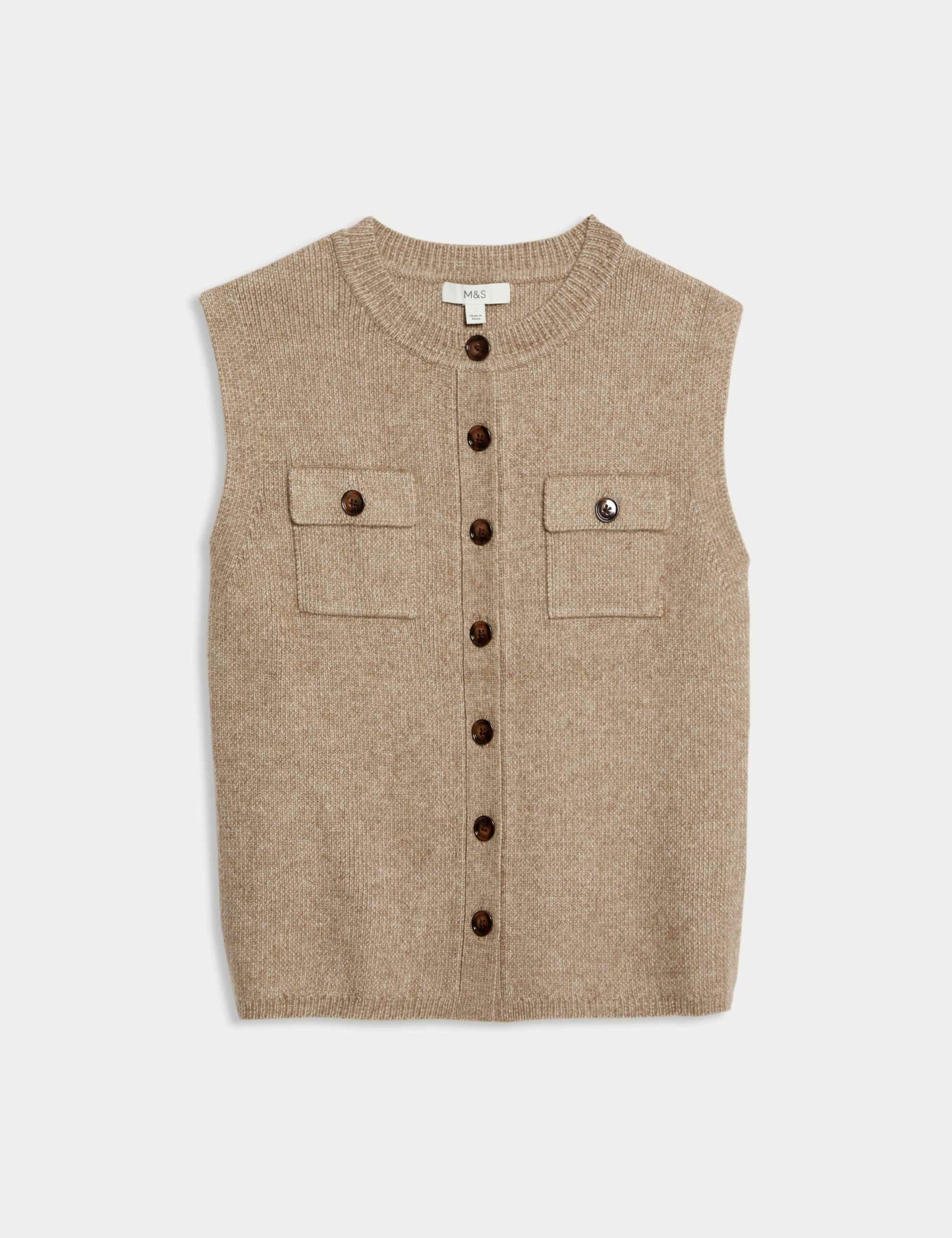 Cloud-Yarn Pocket Crew Neck Knitted Waistcoat