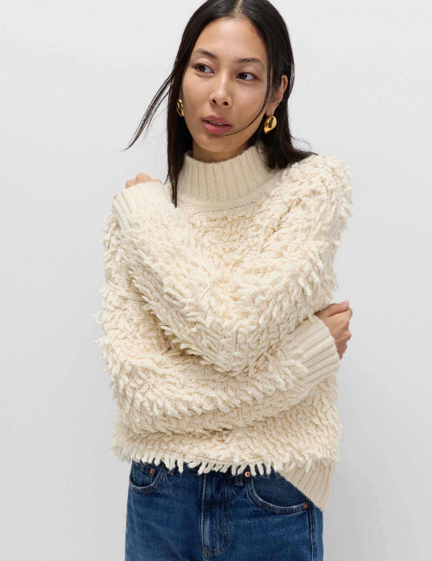 Cloud-Yarn Textured Funnel Neck Relaxed Jumper