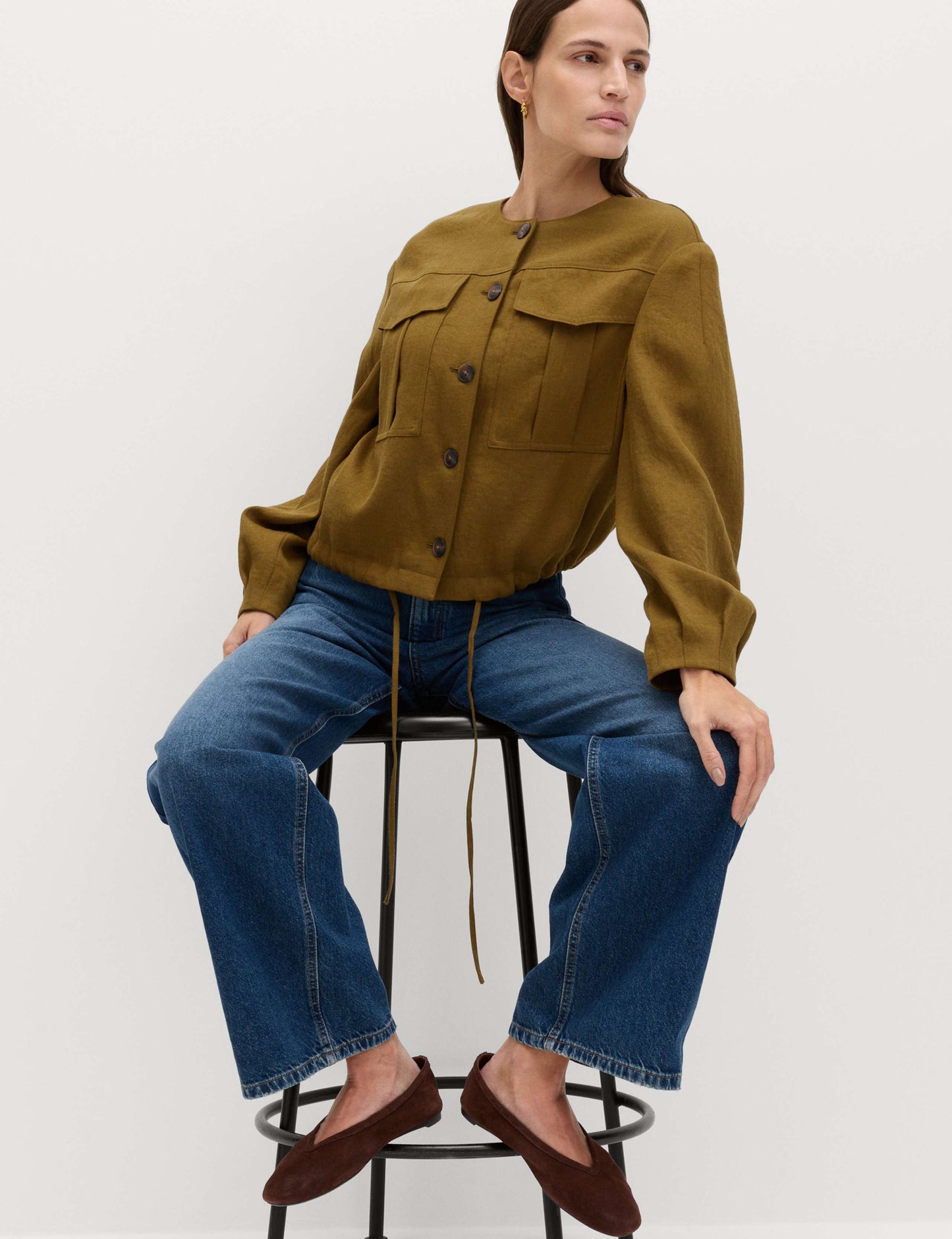 Collarless Utility Jacket With Linen
