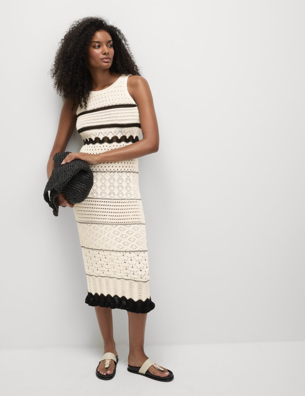 Cotton Blend Knitted Round Neck Midi Dress