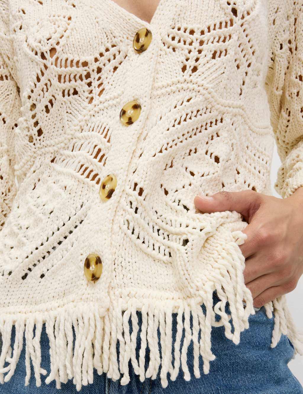 Cotton Blend Knitted V-Neck Fringe Cropped Cardigan