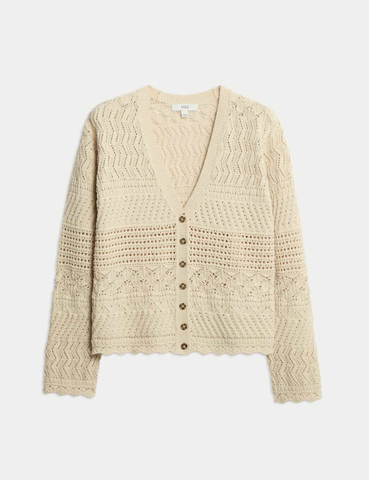 Cotton Blend Pointelle V-Neck Button Front Cardigan