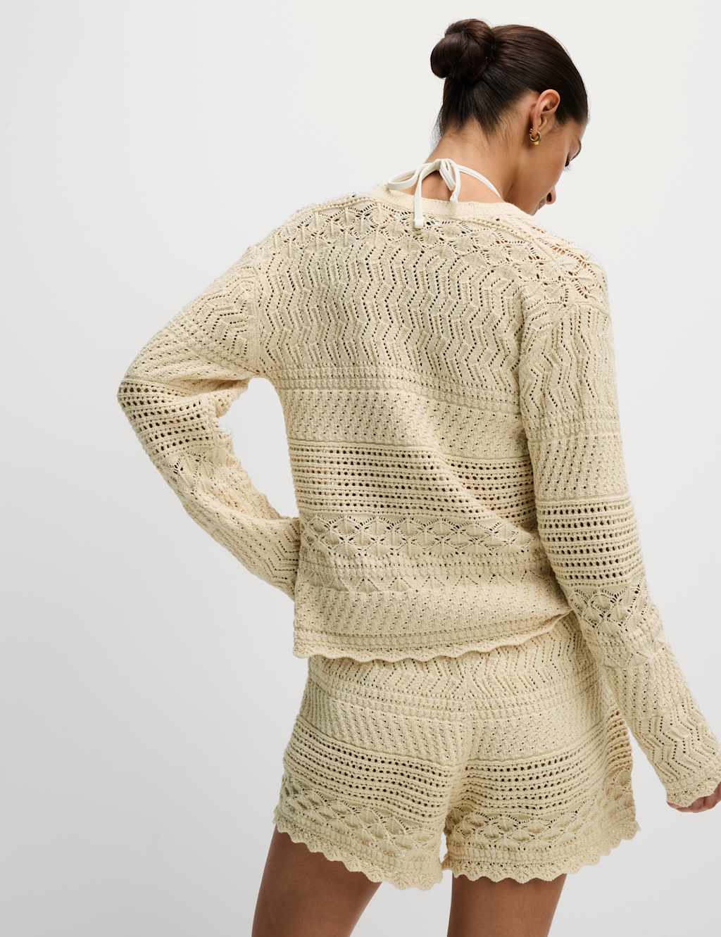 Cotton Blend Pointelle V-Neck Button Front Cardigan