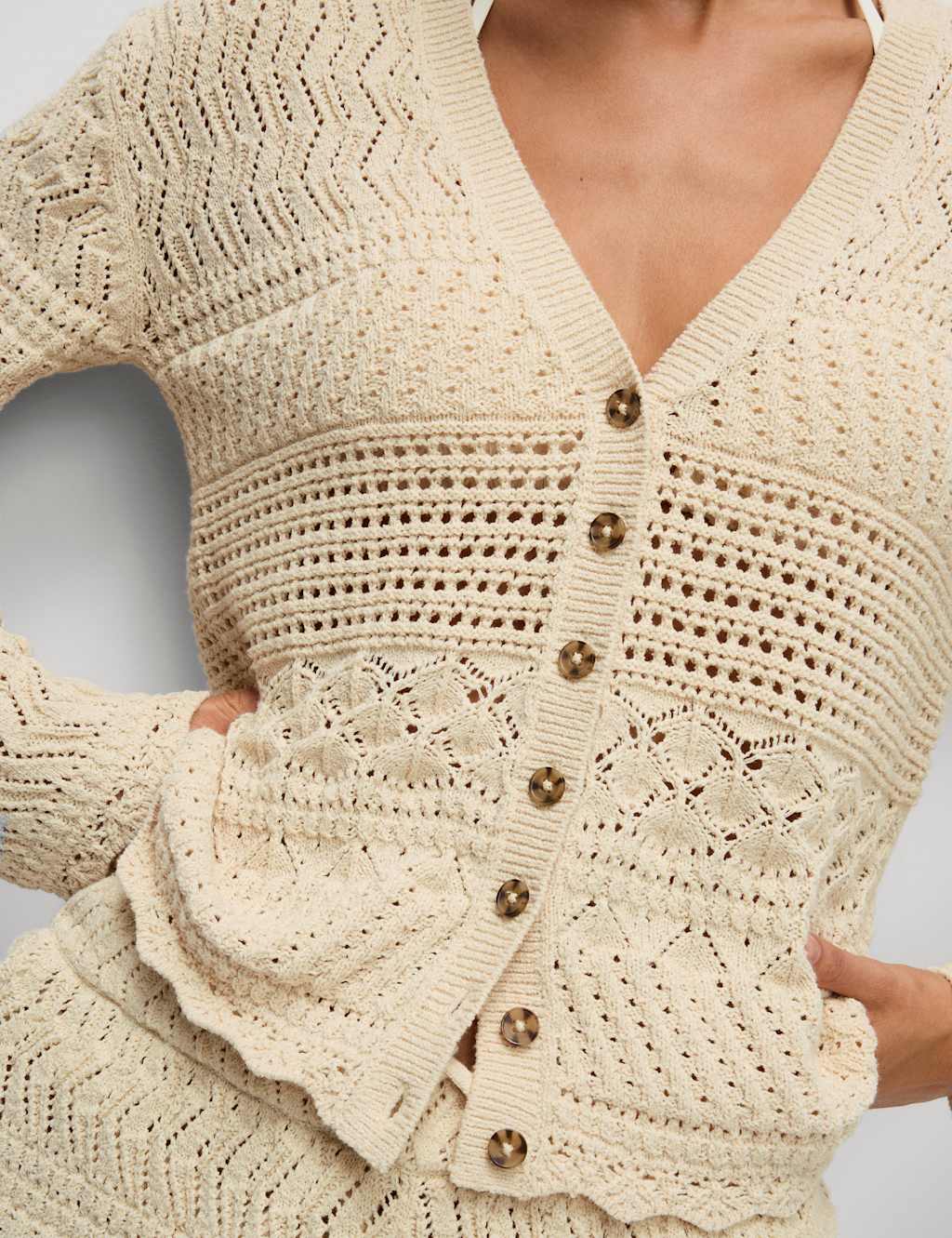 Cotton Blend Pointelle V-Neck Button Front Cardigan
