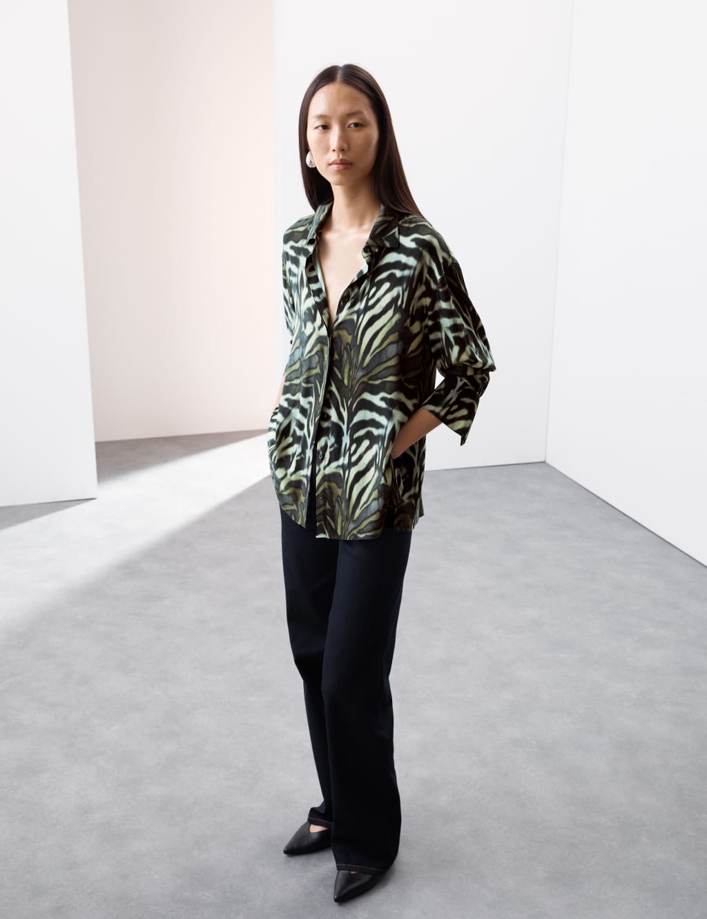 Cupro Rich Animal Print Collared Blouse