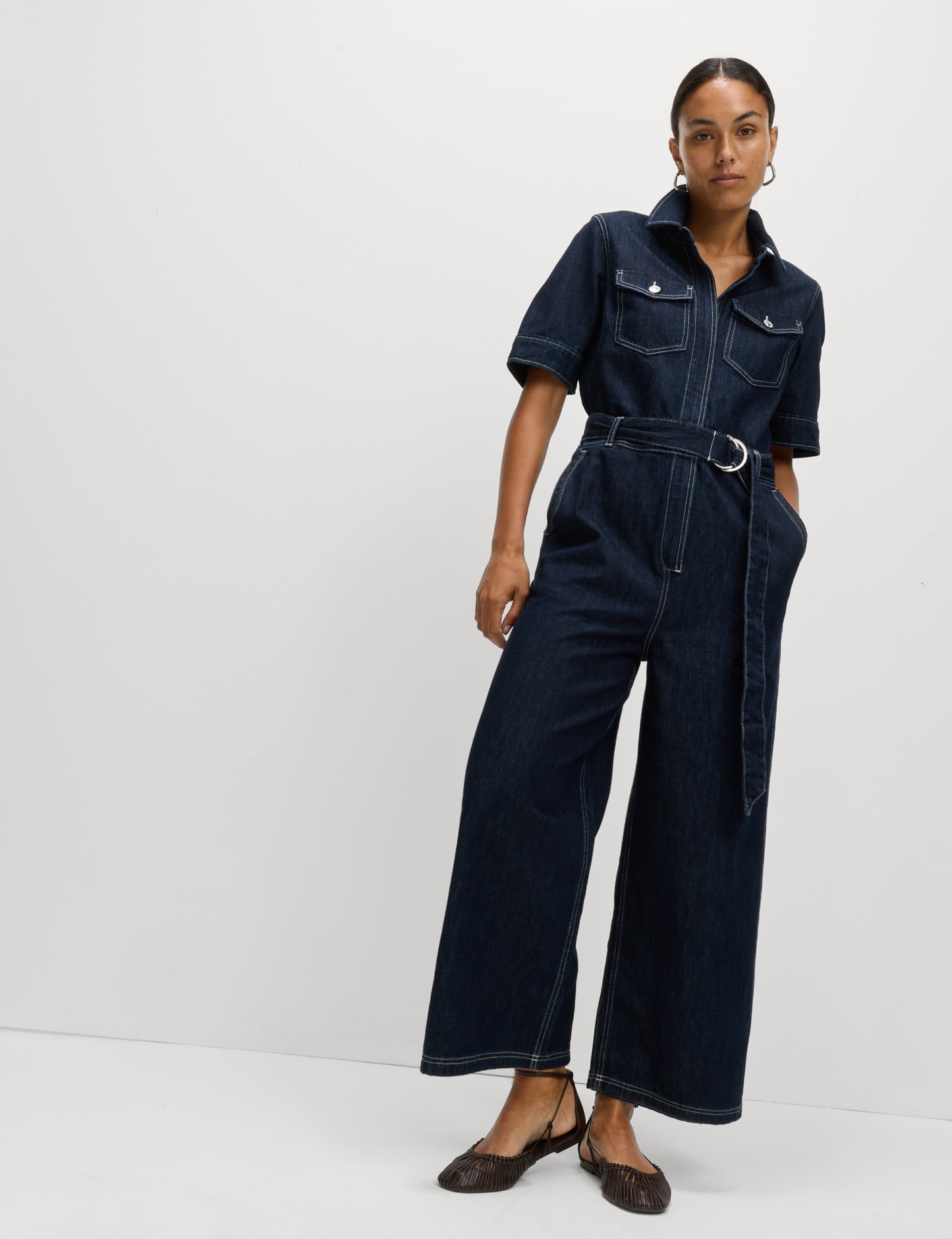 Denim Belted Wide Leg Utility Jumpsuit