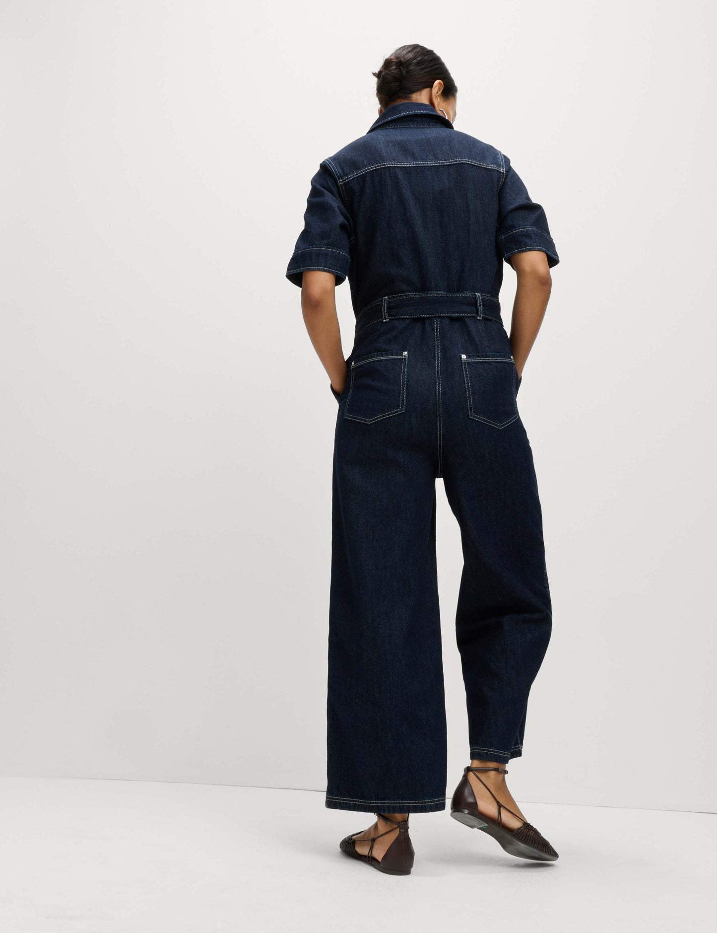 Denim Belted Wide Leg Utility Jumpsuit