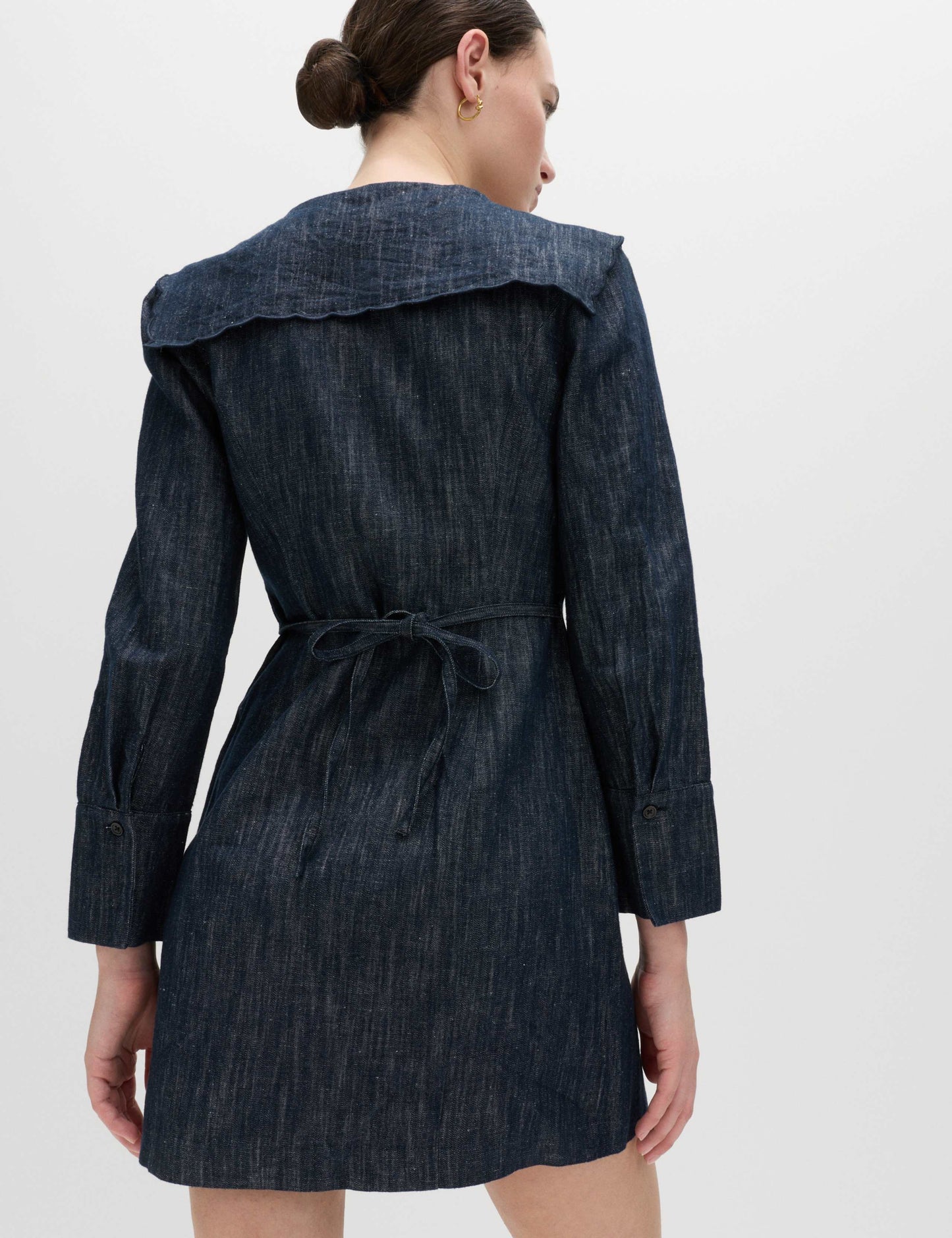 Denim Sailor Collar Mini Dress with Linen