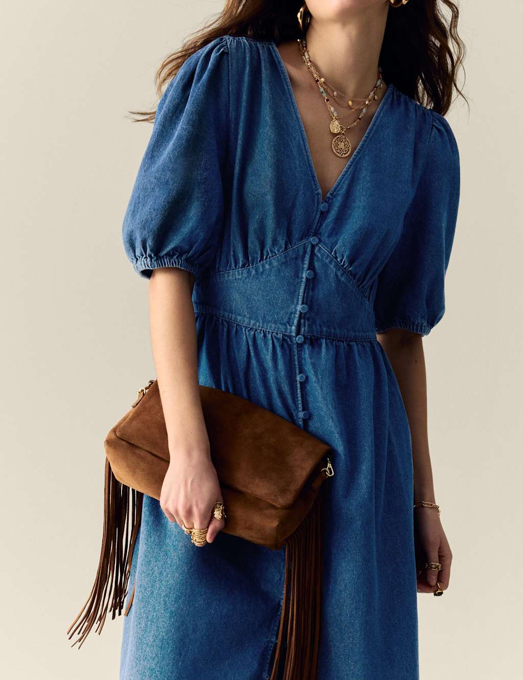 Denim V-Neck Button Through Midi Waisted Dress