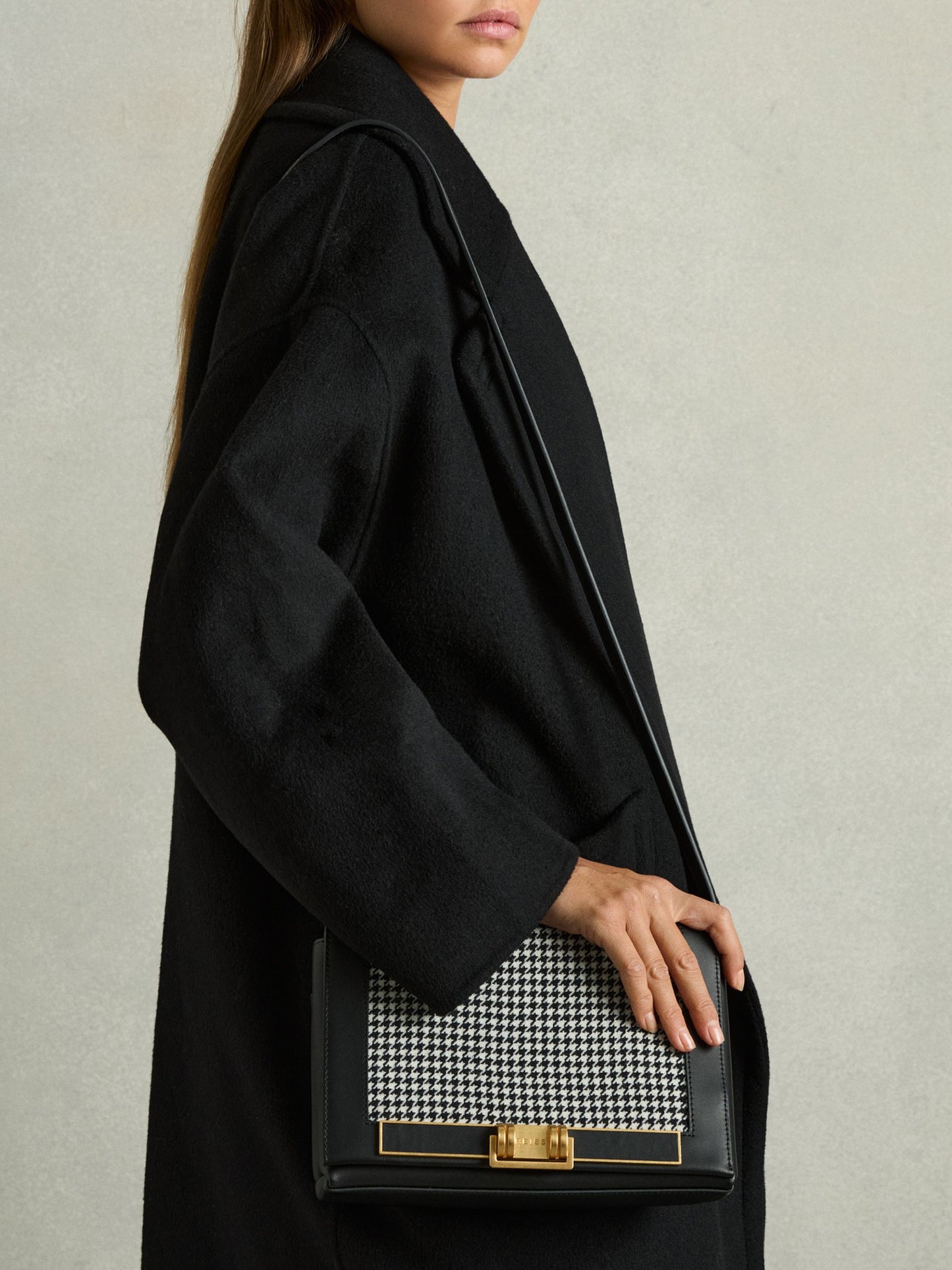 Leather and Dogtooth Wool Bag in Black