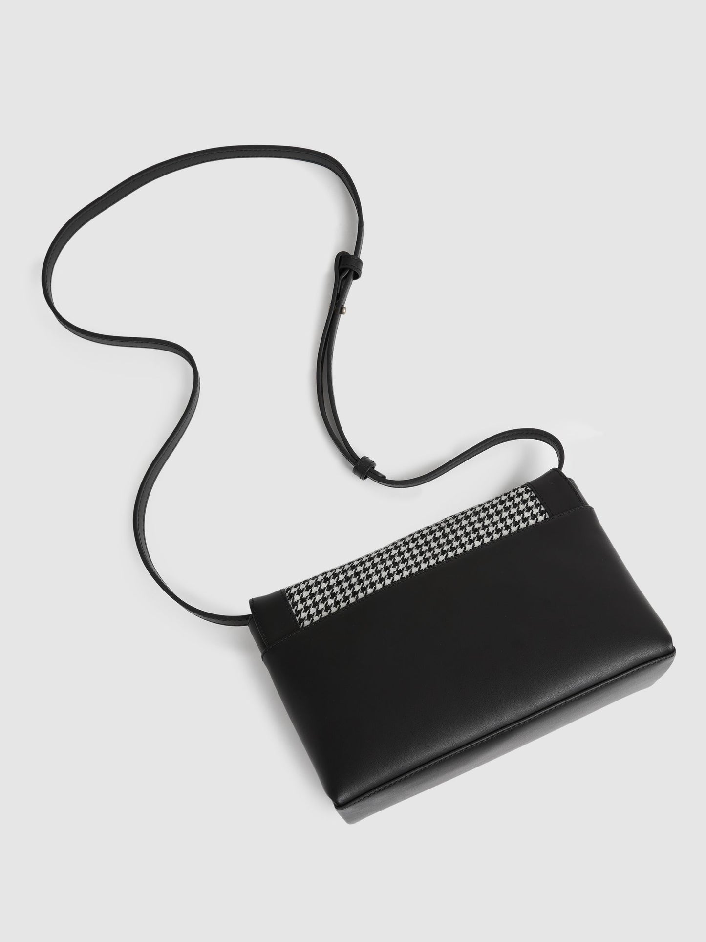 Leather and Dogtooth Wool Bag in Black